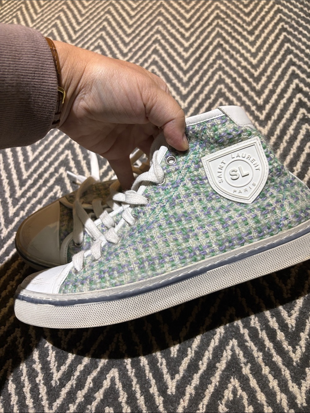 Saint Laurent Tweed High-Top Sneakers in Pastel Green and White